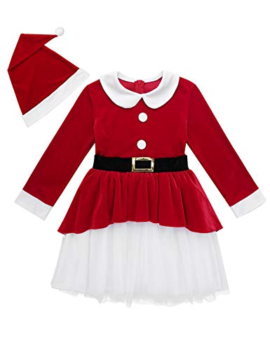 YiZYiF Vestido Navidad Rojo Niñas Disfraz Mamá Noel Vestido Fiesta Tutú Conjunto Navidad Manga Larga y Gorra 2Pcs Traje Terciopelo Invierno Nochebuena Christmas Rojo 12 Años