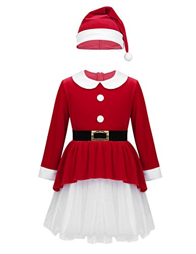 YiZYiF Vestido Navidad Rojo Niñas Disfraz Mamá Noel Vestido Fiesta Tutú Conjunto Navidad Manga Larga y Gorra 2Pcs Traje Terciopelo Invierno Nochebuena Christmas Rojo 12 Años