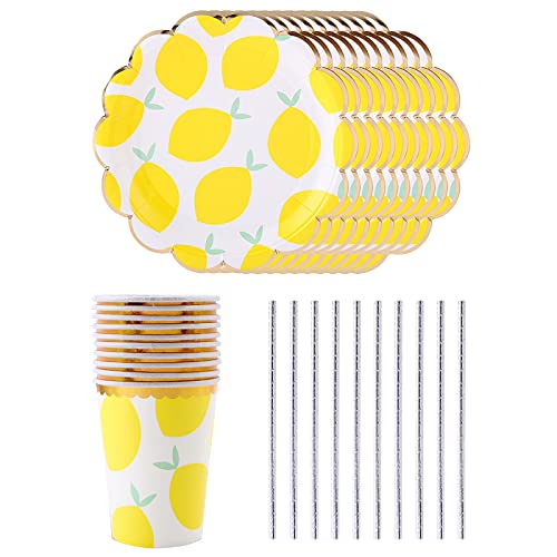 Yngffb Juego de vajilla desechable, vajilla desechable de papel, vajilla de fiesta, con platos, tazas, pajitas, colores brillantes, lindos, para fiestas, cumpleaños, aniversarios (30 piezas, amarillo)