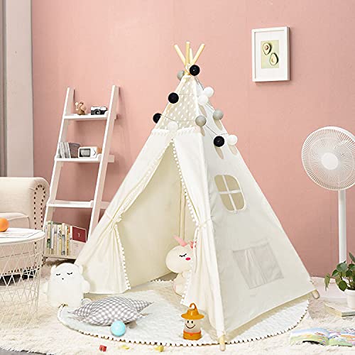 Yohoz Tienda de campaña Teepee para niños plegable india Wigwam Play Tent de lona blanca Tipi Play House para niñas/niños en interiores y exteriores