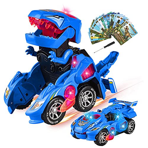 Yojoloin Transformer Dinosaurio Coche Juguetes, Switch Go Dinos Coche con Luz y MúsicaNiños Niñas 5 6 7 8 9 10 años (Azul)