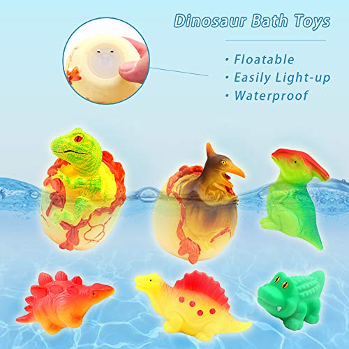 yoliyogo Juguete Dinosaurio de Baño con Luz Parpadeo Juguete Flashing de Ducha Flotante Juego con 8 Pcs de Animales Aprendizaje Temprano Modelo de Dinosaurio Bañera Ducha Juguete Regalo para Niños