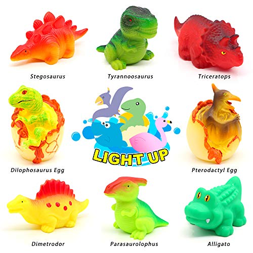 yoliyogo Juguete Dinosaurio de Baño con Luz Parpadeo Juguete Flashing de Ducha Flotante Juego con 8 Pcs de Animales Aprendizaje Temprano Modelo de Dinosaurio Bañera Ducha Juguete Regalo para Niños