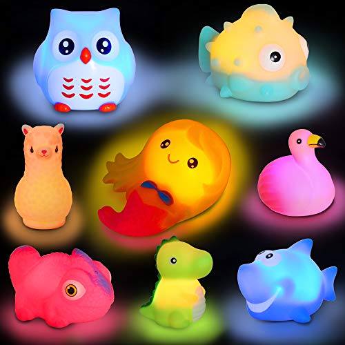 yoliyogo Juguetes de baño con luz, juguete flotante, brillo de baño, tiburón, flamenco, sirena, etc. Juguetes de animales, 8 unidades, regalo para niños