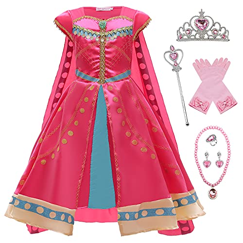 YOSICIL Disfraz Jasmine Niña, Vestido de Princesa Aladdin Jasmine con Lentejuelas, Traje Jasmine para Halloween Cosplay Navidad Fiesta Carnaval (3-8 Años), con Capa