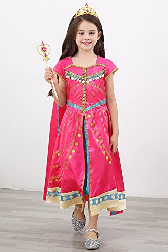 YOSICIL Disfraz Jasmine Niña, Vestido de Princesa Aladdin Jasmine con Lentejuelas, Traje Jasmine para Halloween Cosplay Navidad Fiesta Carnaval (3-8 Años), con Capa