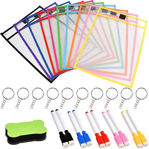 YOTINO Bolsillo de Borrado en Seco, 10 Piezas Dry Erase Pockets Reutilizables PVC Bolsillos con Borrador y 10 Bolígrafos para la Organización en el Aula y Colegio y Trabajo, 10 anillo de teclas