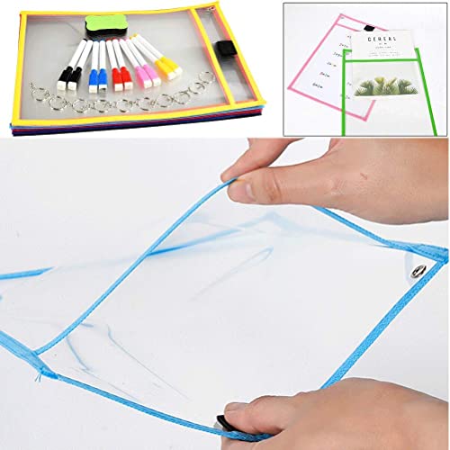 YOTINO Bolsillo de Borrado en Seco, 10 Piezas Dry Erase Pockets Reutilizables PVC Bolsillos con Borrador y 10 Bolígrafos para la Organización en el Aula y Colegio y Trabajo, 10 anillo de teclas