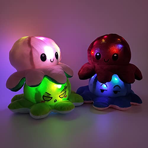 YRWL Pulpo Reversible Gigante, 40 * 20cm LED Brillo Pulpo Reversible XXL, Octopus Reversible Big, Una Cara Sonriente Y La Otra Cara Triste, para Expresar Tus Propias Emociones(Azul Morado,40cm led)