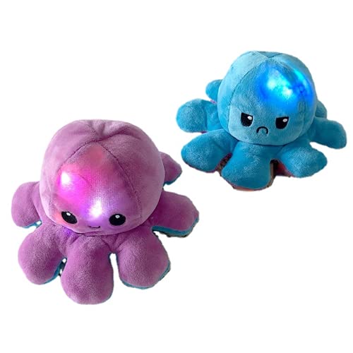 YRWL Pulpo Reversible Gigante, 40 * 20cm LED Brillo Pulpo Reversible XXL, Octopus Reversible Big, Una Cara Sonriente Y La Otra Cara Triste, para Expresar Tus Propias Emociones(Azul Morado,40cm led)