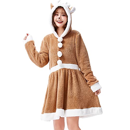 Yu Liao Cosplay de Papá Noel marrón para Mujer, Vestido con Capucha de Reno Largo con pompón Kawaii, Disfraz navideño para niñas