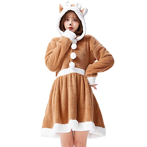 Yu Liao Cosplay de Papá Noel marrón para Mujer, Vestido con Capucha de Reno Largo con pompón Kawaii, Disfraz navideño para niñas