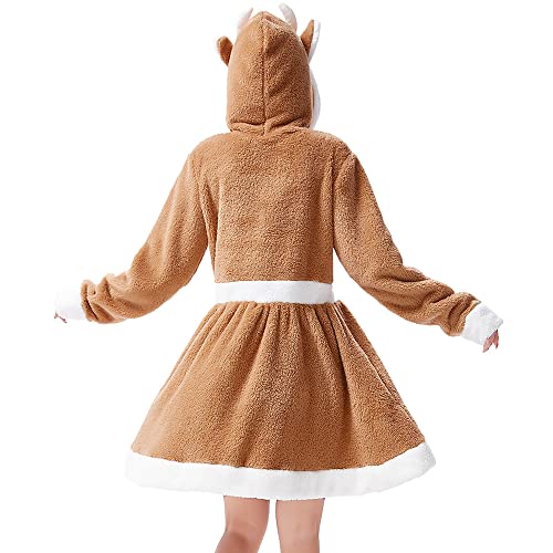 Yu Liao Cosplay de Papá Noel marrón para Mujer, Vestido con Capucha de Reno Largo con pompón Kawaii, Disfraz navideño para niñas