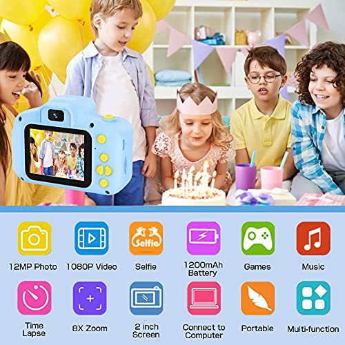 YunLone Máquina fotográfica para niños de 12 MP para selfies con tarjeta de 32 GB, funda, batería de 1200 mAh, reproductor de música, regalo de cumpleaños para niños