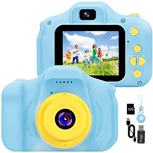 YunLone Máquina fotográfica para niños de 12 MP para selfies con tarjeta de 32 GB, funda, batería de 1200 mAh, reproductor de música, regalo de cumpleaños para niños