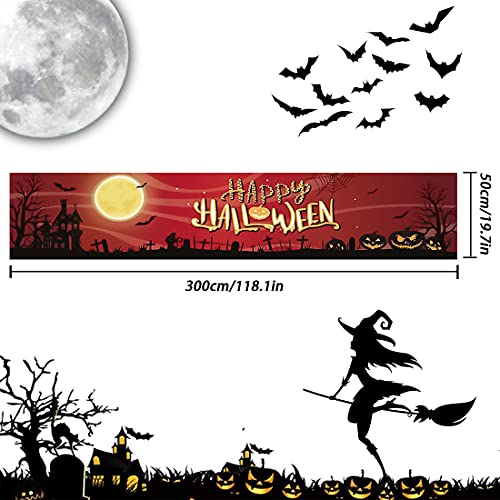 YXHZVON Banner de feliz Halloween con diseño de luna de murciélago de calabaza para decoración de veranda de pared para el hogar, patio, jardín, fiesta, apartamento 50x300 cm