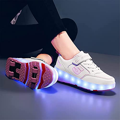 Zapatillas con Ruedas y Luces Niña Patìn con USB Carga Niños LED Luces Zapatos 7 Colores Luminosas Flash Patines en Línea de Roller Rueda Deportivo Skateboarding Skat(Size:EU 33,Color:185 white pink)