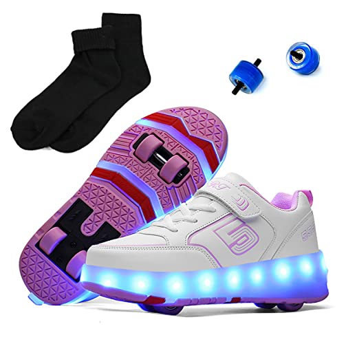 Zapatillas con Ruedas y Luces Niña Patìn con USB Carga Niños LED Luces Zapatos 7 Colores Luminosas Flash Patines en Línea de Roller Rueda Deportivo Skateboarding Skat(Size:EU 33,Color:185 white pink)