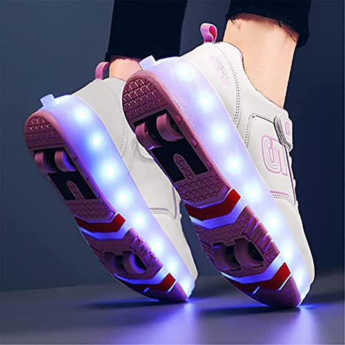 Zapatillas con Ruedas y Luces Niña Patìn con USB Carga Niños LED Luces Zapatos 7 Colores Luminosas Flash Patines en Línea de Roller Rueda Deportivo Skateboarding Skat(Size:EU 33,Color:185 white pink)