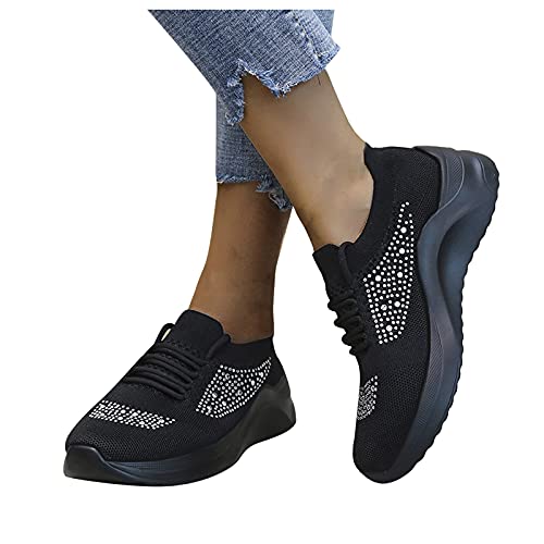 Zapatos para Correr de Mujer Zapatillas de Malla Transpirables con Cordones Zapatos Casuales de cuña de Color Liso con Diamantes de imitación Zapatos para Caminar de Asfalto al Aire Libre