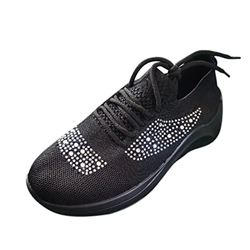 Zapatos para Correr de Mujer Zapatillas de Malla Transpirables con Cordones Zapatos Casuales de cuña de Color Liso con Diamantes de imitación Zapatos para Caminar de Asfalto al Aire Libre