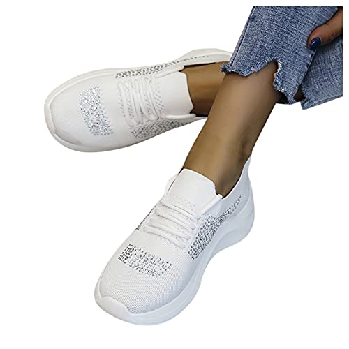 Zapatos para Correr de Mujer Zapatillas de Malla Transpirables con Cordones Zapatos Casuales de cuña de Color Liso con Diamantes de imitación Zapatos para Caminar de Asfalto al Aire Libre