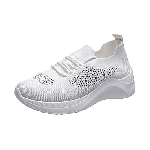 Zapatos para Correr de Mujer Zapatillas de Malla Transpirables con Cordones Zapatos Casuales de cuña de Color Liso con Diamantes de imitación Zapatos para Caminar de Asfalto al Aire Libre