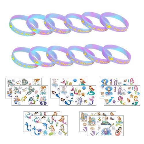 ZERHOK Brazalete Silicona, Pulsera Sirena,12pcs,de Silicona,Colorido, con 10pcs etiquta de Sirena,Regalo de Fiesta de niños,Brazalete Sirenita Deporte