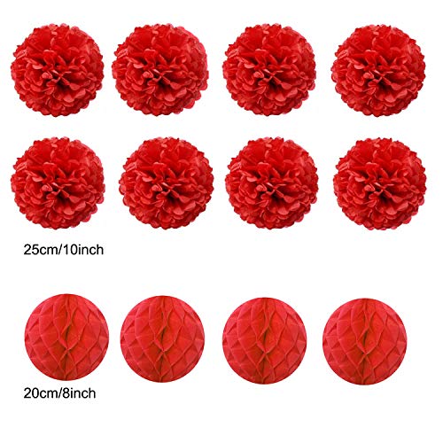 Zerodeco ZEORDECO Abanicos de Papel Bola de Nido Pom Poms Ventilador de Papel para Colgar Decoración para Cumpleaños Boda Carnaval Bebé Ducha Home Party Supplies Decoración - Rojo