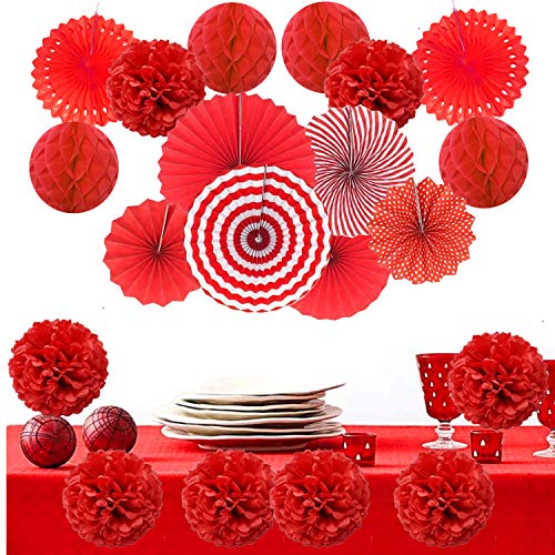 Zerodeco ZEORDECO Abanicos de Papel Bola de Nido Pom Poms Ventilador de Papel para Colgar Decoración para Cumpleaños Boda Carnaval Bebé Ducha Home Party Supplies Decoración - Rojo