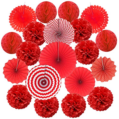 Zerodeco ZEORDECO Abanicos de Papel Bola de Nido Pom Poms Ventilador de Papel para Colgar Decoración para Cumpleaños Boda Carnaval Bebé Ducha Home Party Supplies Decoración - Rojo