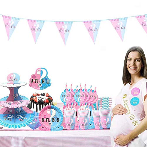 100 Pz Gender Reveal Party, Vajilla de Baby Shower, Gender Reveal Party Supplies, Platos, Tazas, Servilletas, Manteles, Pajitas, con Capacidad para 16 Personas(B)