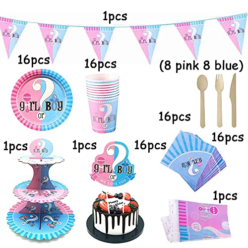 100 Pz Gender Reveal Party, Vajilla de Baby Shower, Gender Reveal Party Supplies, Platos, Tazas, Servilletas, Manteles, Pajitas, con Capacidad para 16 Personas(B)