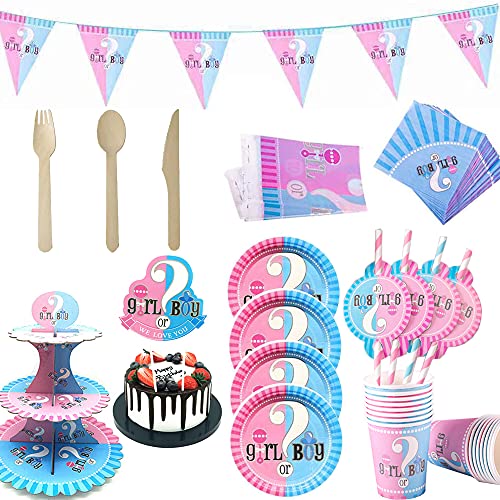 100 Pz Gender Reveal Party, Vajilla de Baby Shower, Gender Reveal Party Supplies, Platos, Tazas, Servilletas, Manteles, Pajitas, con Capacidad para 16 Personas(B)