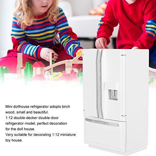 1:12 Refrigerador de Dos Pisos, Mini Abedul Mini refrigerador de Madera Refrigerador Casa de muñecas Muebles de Cocina para decoración de Casas de muñecas(Plata)