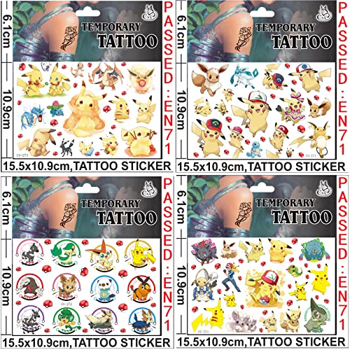 12 hojas de tatuaje Pokemon para niños, tatuajes de dibujos animados, pegatinas de Pokemon, resistentes al agua, tatuaje para regalos, fiestas, festivales, decoración, niños