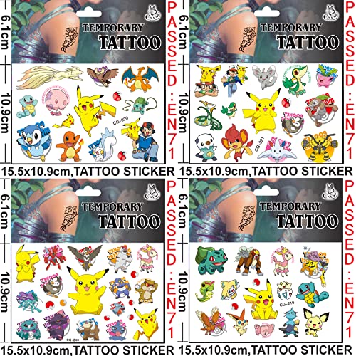 12 hojas de tatuaje Pokemon para niños, tatuajes de dibujos animados, pegatinas de Pokemon, resistentes al agua, tatuaje para regalos, fiestas, festivales, decoración, niños