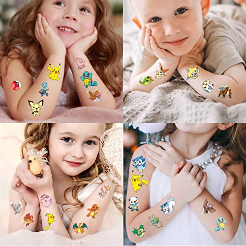 12 hojas de tatuaje Pokemon para niños, tatuajes de dibujos animados, pegatinas de Pokemon, resistentes al agua, tatuaje para regalos, fiestas, festivales, decoración, niños