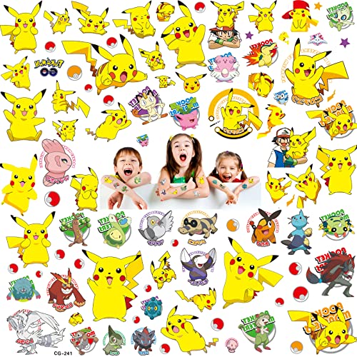 12 hojas de tatuaje Pokemon para niños, tatuajes de dibujos animados, pegatinas de Pokemon, resistentes al agua, tatuaje para regalos, fiestas, festivales, decoración, niños