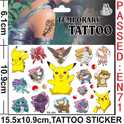 12 hojas de tatuaje Pokemon para niños, tatuajes de dibujos animados, pegatinas de Pokemon, resistentes al agua, tatuaje para regalos, fiestas, festivales, decoración, niños