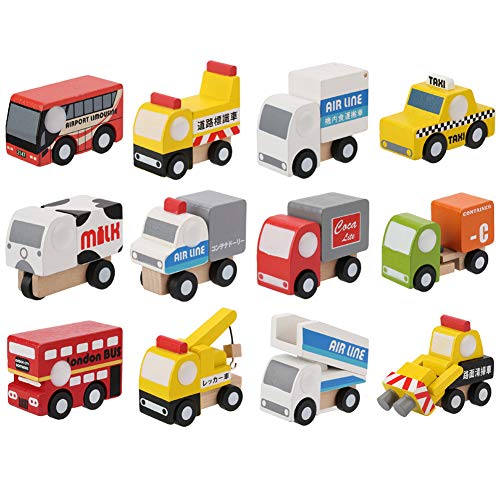 12pcs Juego de Coches de Juguete de Madera, Juego de Vehículo de Juguete de Dibujos Animados para Niños Bebé Juguetes de Tráfico Educativo Temprano Incluye Coches Aviones (#1)