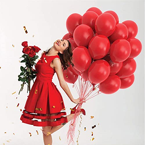 150 globos rojos, 12 pulgadas, globos de látex brillante rojo con forma de globo de helio con cinta y punto de pegamento para decoración del Día de San Valentín, 150 unidades