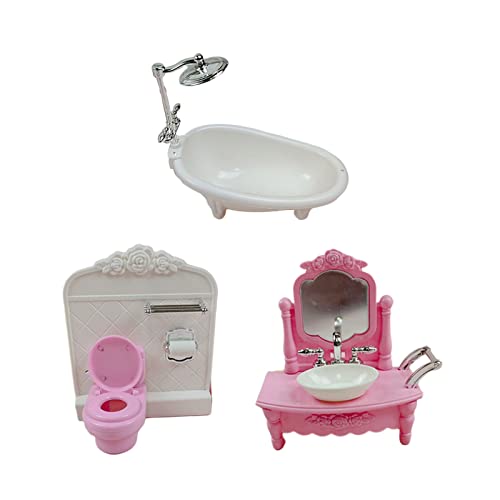 16MG Juego de casa de muñecas, accesorios para casa de muñecas, muebles en miniatura, bañera, tocador, realista, rosa, blanco, interactivo, juguete de decoración