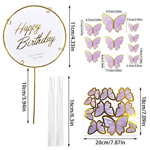 21Pcs Adornos de Pastel de Cumpleaños Mariposas Decoración de Pastel Happy Birthday Cake Topper Decoración para Tartas de Cumpleaños Mariposas Decorativas para Infantiles Niñas Birthday (Púrpula)