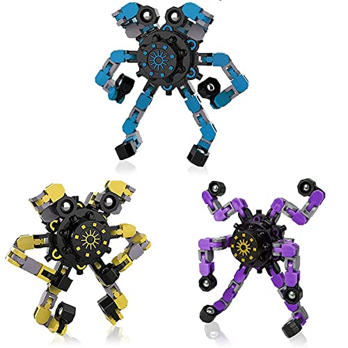 3 piezas de dedos transformables Gyro robots dedos tip Spinner mecánico inquietante mecánico desmontable DIY dedo punta spin Top Toy antiestrés juguete para niños y adultos (amarillo, azul y morado)