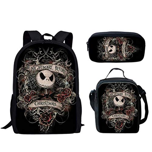 3 Piezas Mochilas Escolares Pesadilla Antes de Navidad Imprimir Estudiante de Primaria Calavera Gótica Mochila para niños Bolsa de Almuerzo Estuche para lápices, HME1499CGK