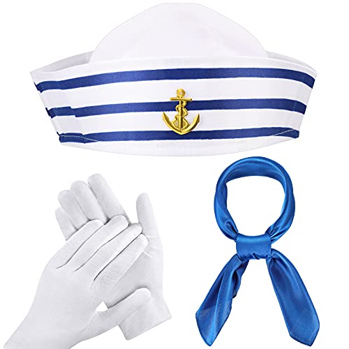 3 Sombreros de Marinero Azul con Blanco Gorro de Marinero Armado Bufanda de Satén Azul Bufanda de Cuello de Marinero con Sensación de Seda Set de Guantes de Marinero Blancos para Halloween