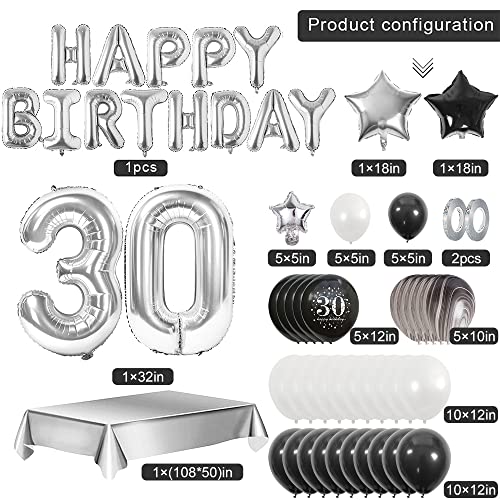 30 año Cumpleaños Decoración Blanco y Negro, 30 año Cumpleaños Globos Hombres Mujeres, Feliz Cumpleaños Globo Número 30 Globos de ágata y Globos de 30 año Blanco y Negro Fiesta Decoración con Mantel