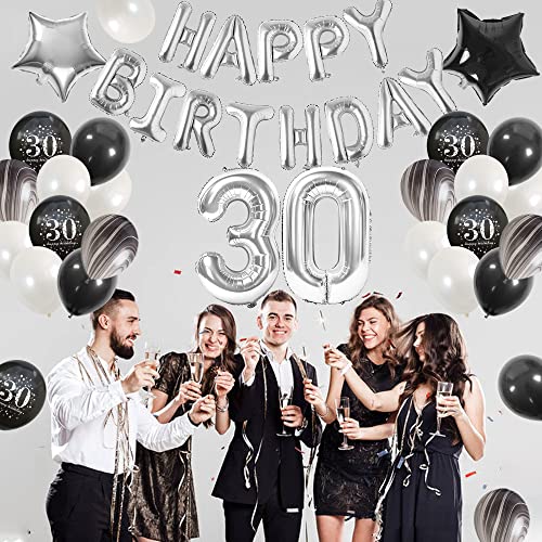 30 año Cumpleaños Decoración Blanco y Negro, 30 año Cumpleaños Globos Hombres Mujeres, Feliz Cumpleaños Globo Número 30 Globos de ágata y Globos de 30 año Blanco y Negro Fiesta Decoración con Mantel