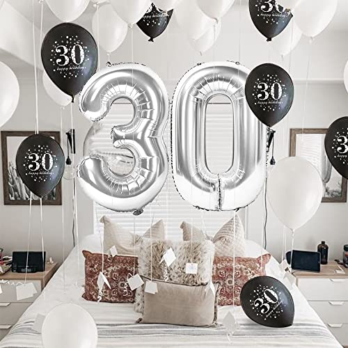 30 año Cumpleaños Decoración Blanco y Negro, 30 año Cumpleaños Globos Hombres Mujeres, Feliz Cumpleaños Globo Número 30 Globos de ágata y Globos de 30 año Blanco y Negro Fiesta Decoración con Mantel